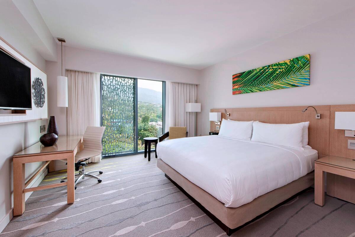 Een hotelkamer met een groot bed, een bureau, een stoel, een televisie en uitzicht op het landschap.