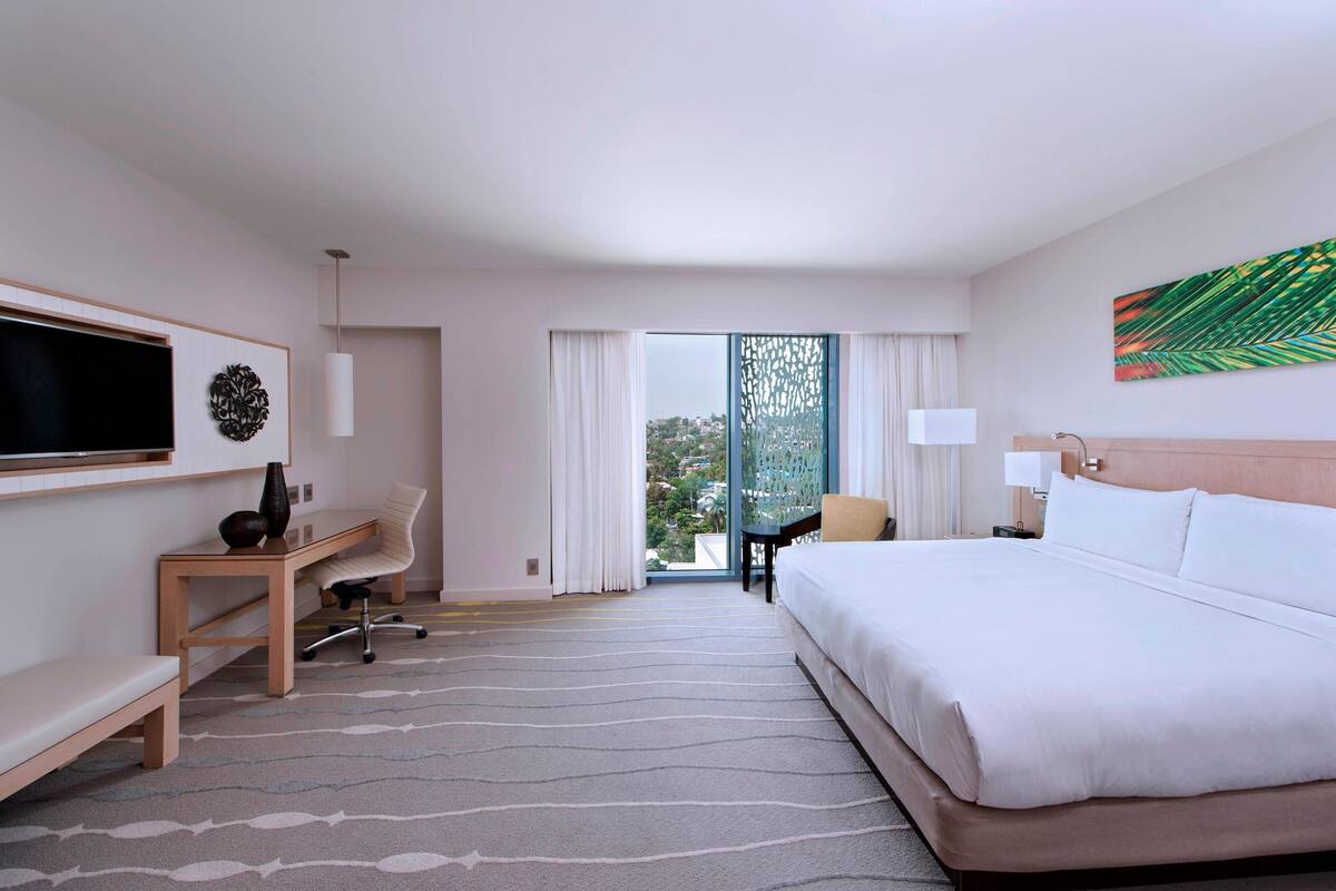 Een hotelkamer met een groot bed, een bureau met stoel, een televisie en uitzicht op het groen door een glazen deur.