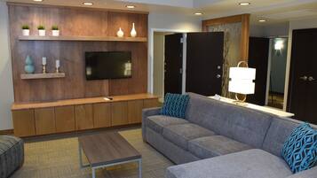 Desk, laptop workspace, blackout curtains, iron/ironing board