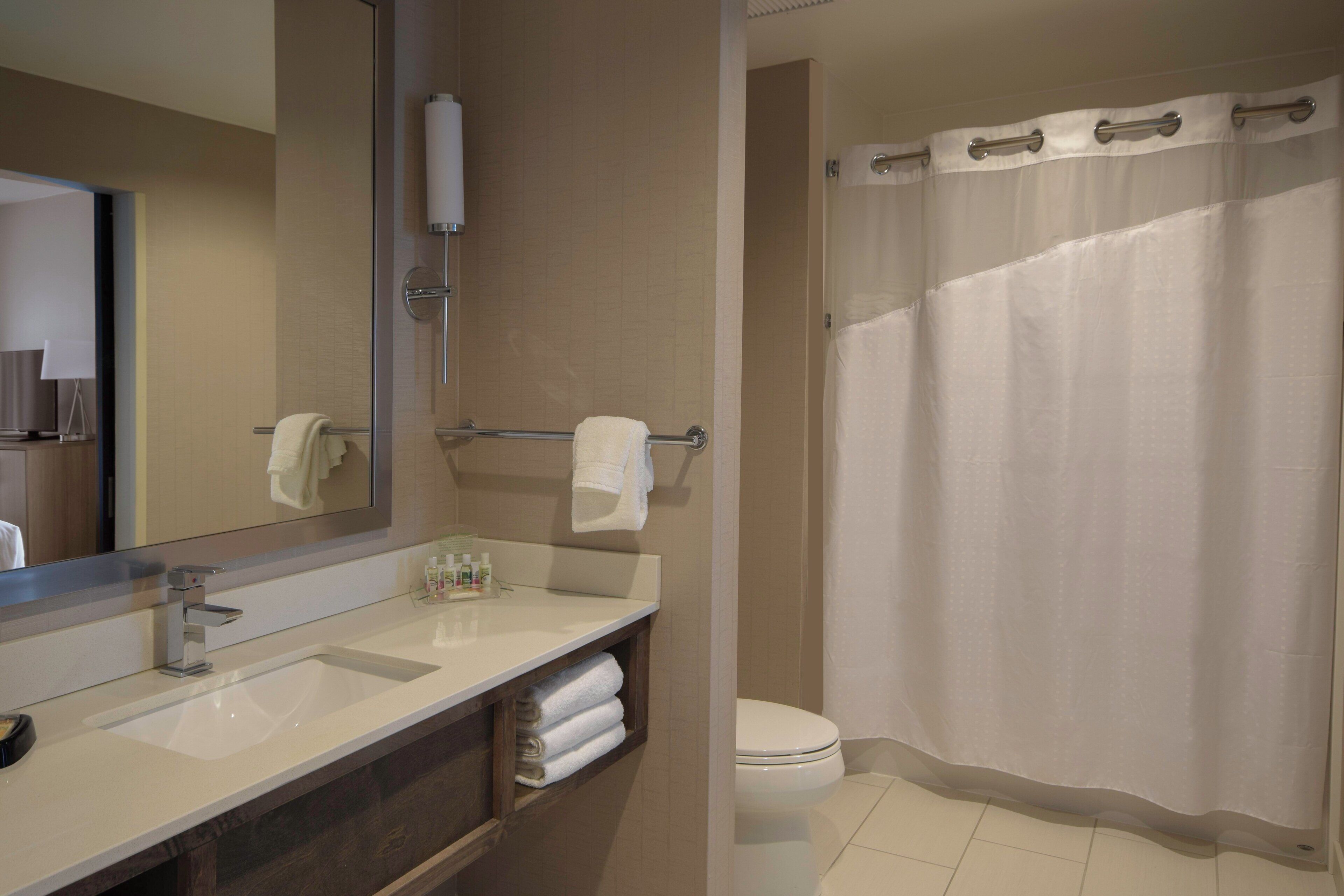 A bathroom with a large mirror, two sinks, a toilet, and a shower curtain.