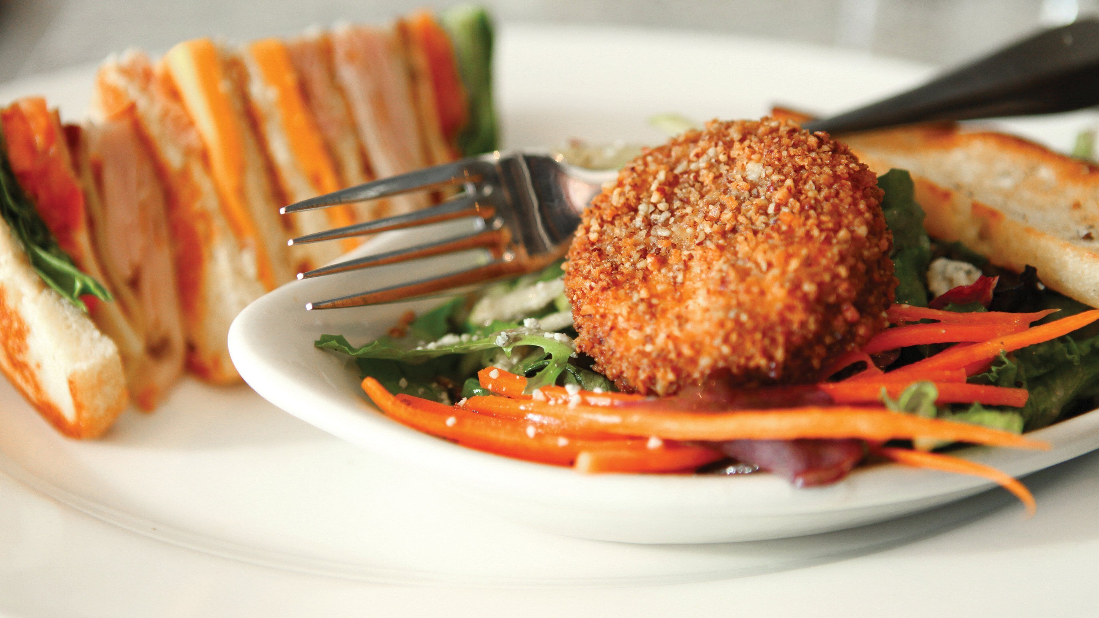 A plate with a breaded item, salad, and a fork.