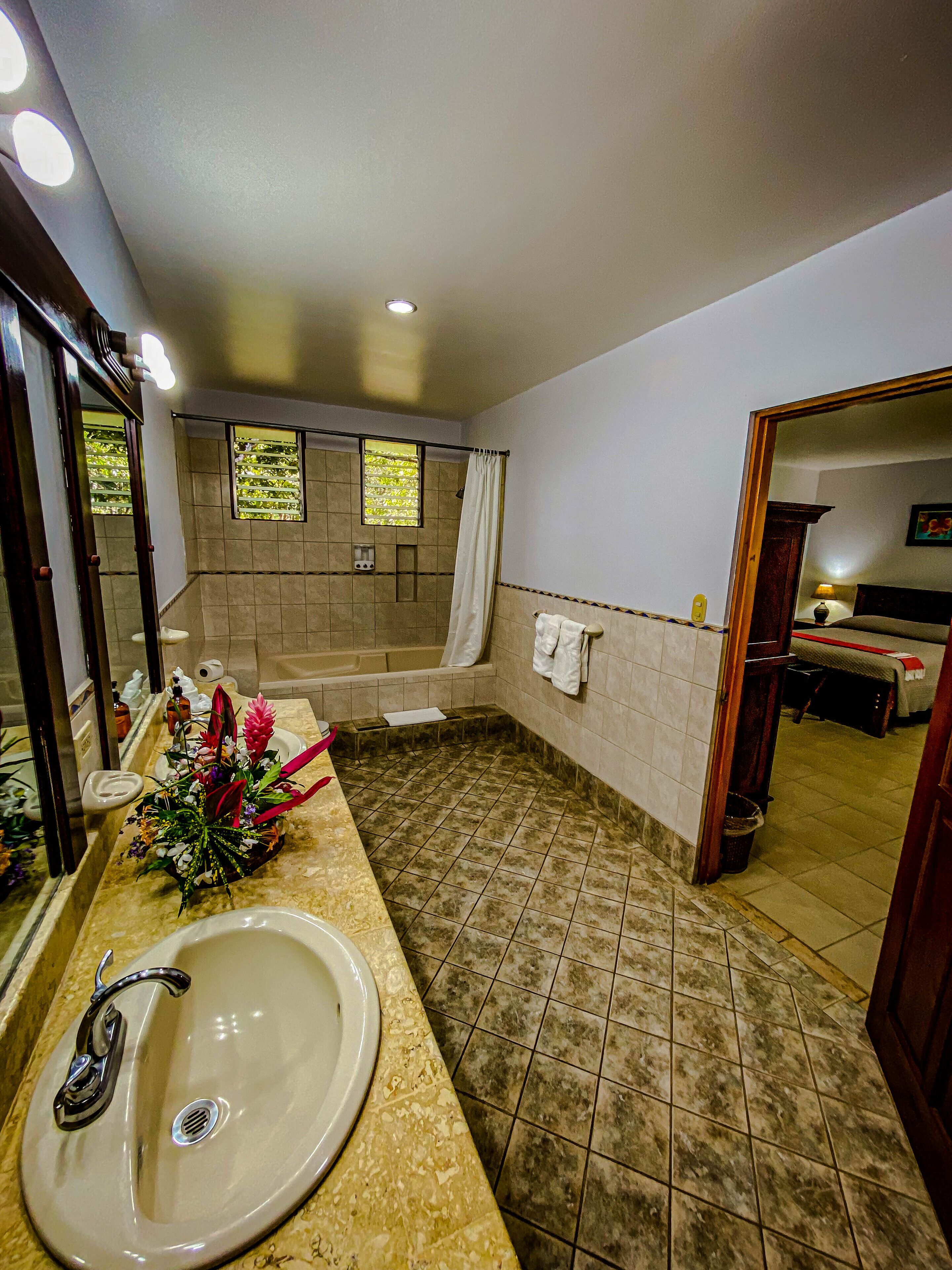 Une salle de bain équipée d’un lavabo, d’un miroir, d’une douche et d’une baignoire.