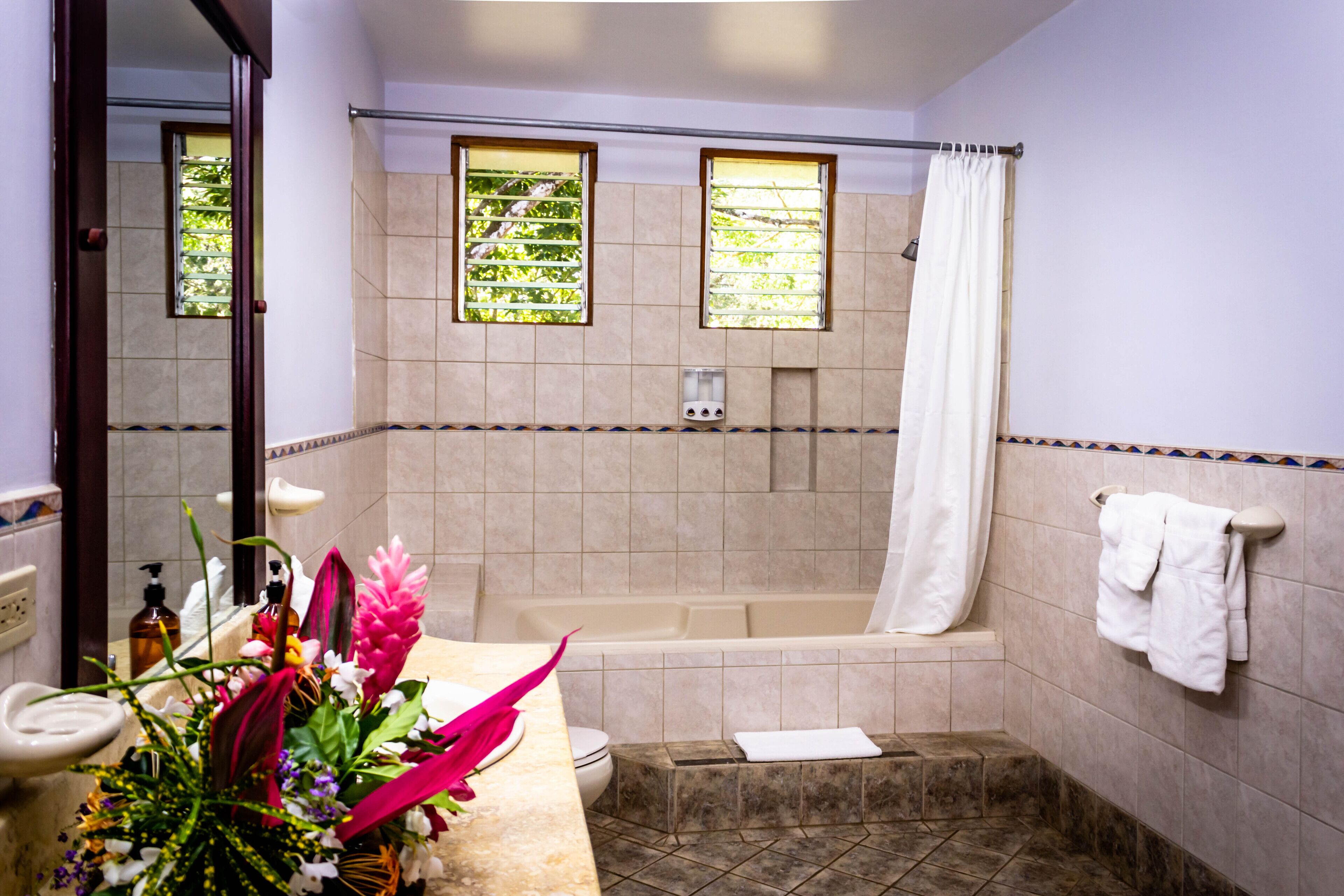A bathroom with a bathtub, a shower, and a toilet. There are windows with blinds, a towel rack, and a mirror.