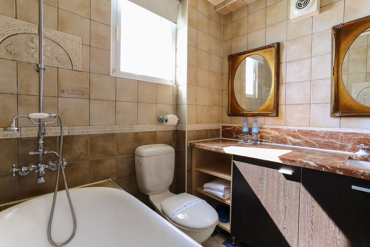 combined shower/bathtub, free toiletries, hair dryer, slippers
