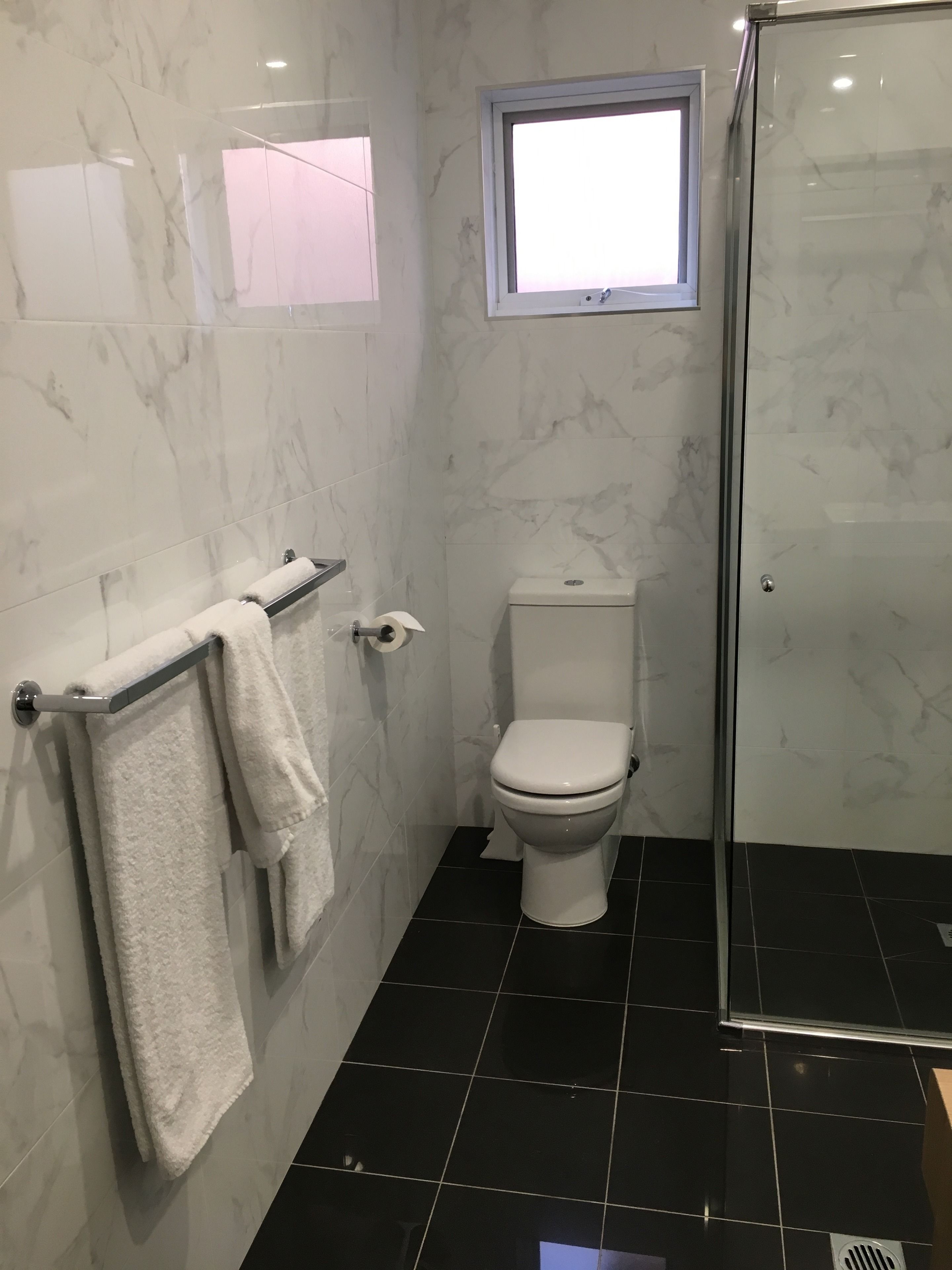 A bathroom with a toilet, a towel rack with a towel, a window, and a shower area.