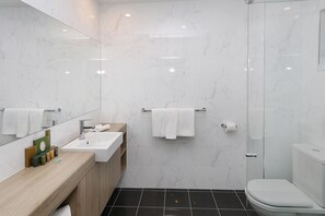 Shower, free toiletries, hair dryer, towels