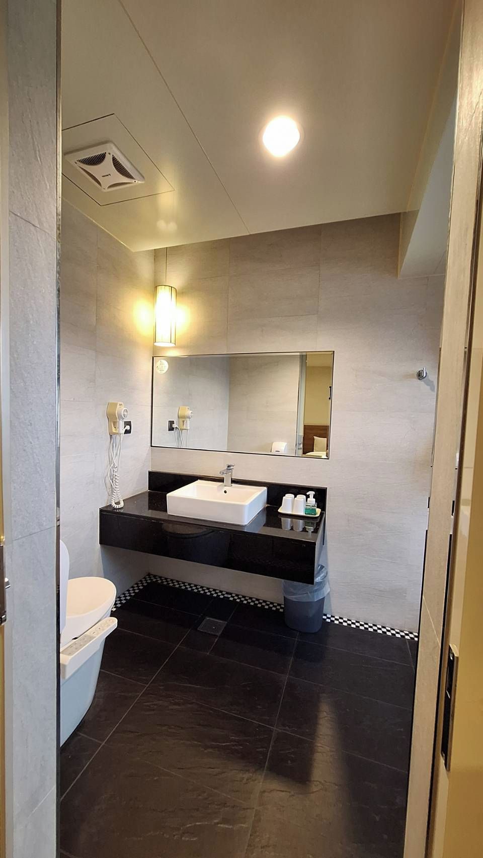 A modern bathroom with a white toilet, a black vanity with a white sink, a mirror above the sink, and a light fixture on the ceiling.