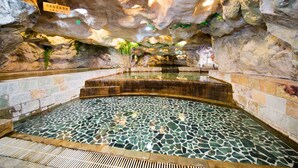 A natural rock-hewn pool with mosaic tiles and a wooden bench. - Hotel Tilun Dongpu Spa (Xinyi)