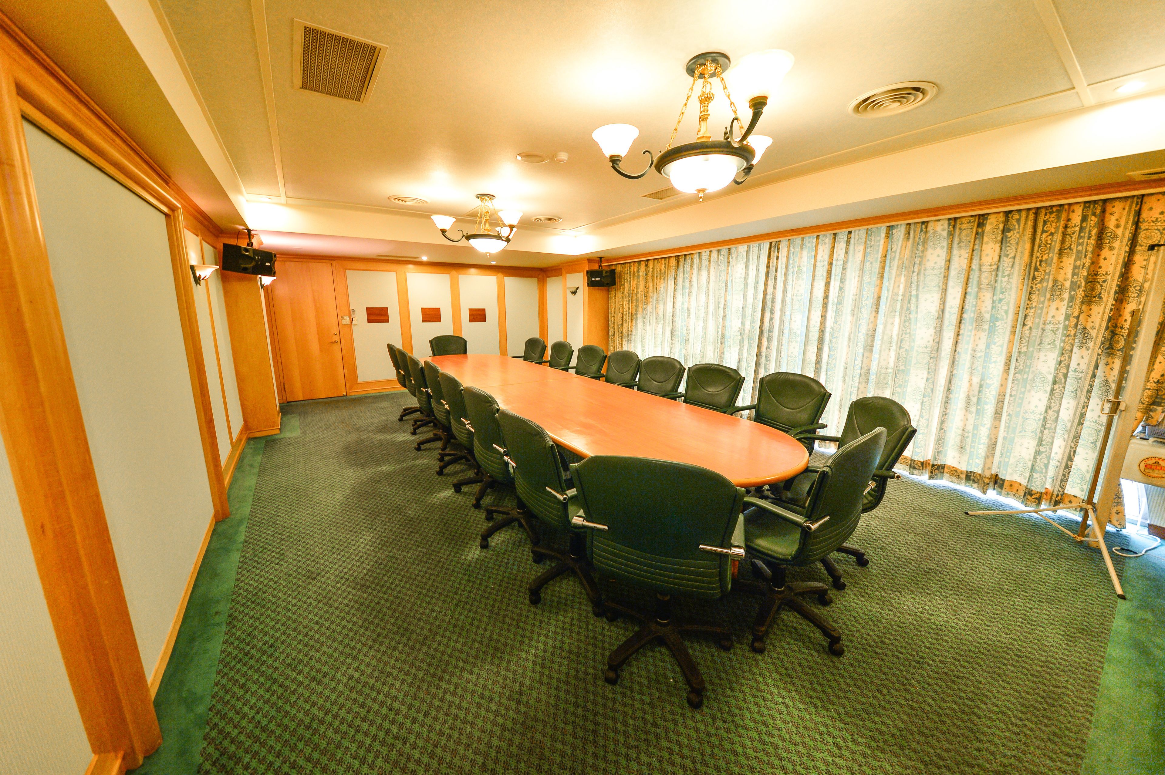 A conference room with a long table, green chairs, and a patterned curtain.