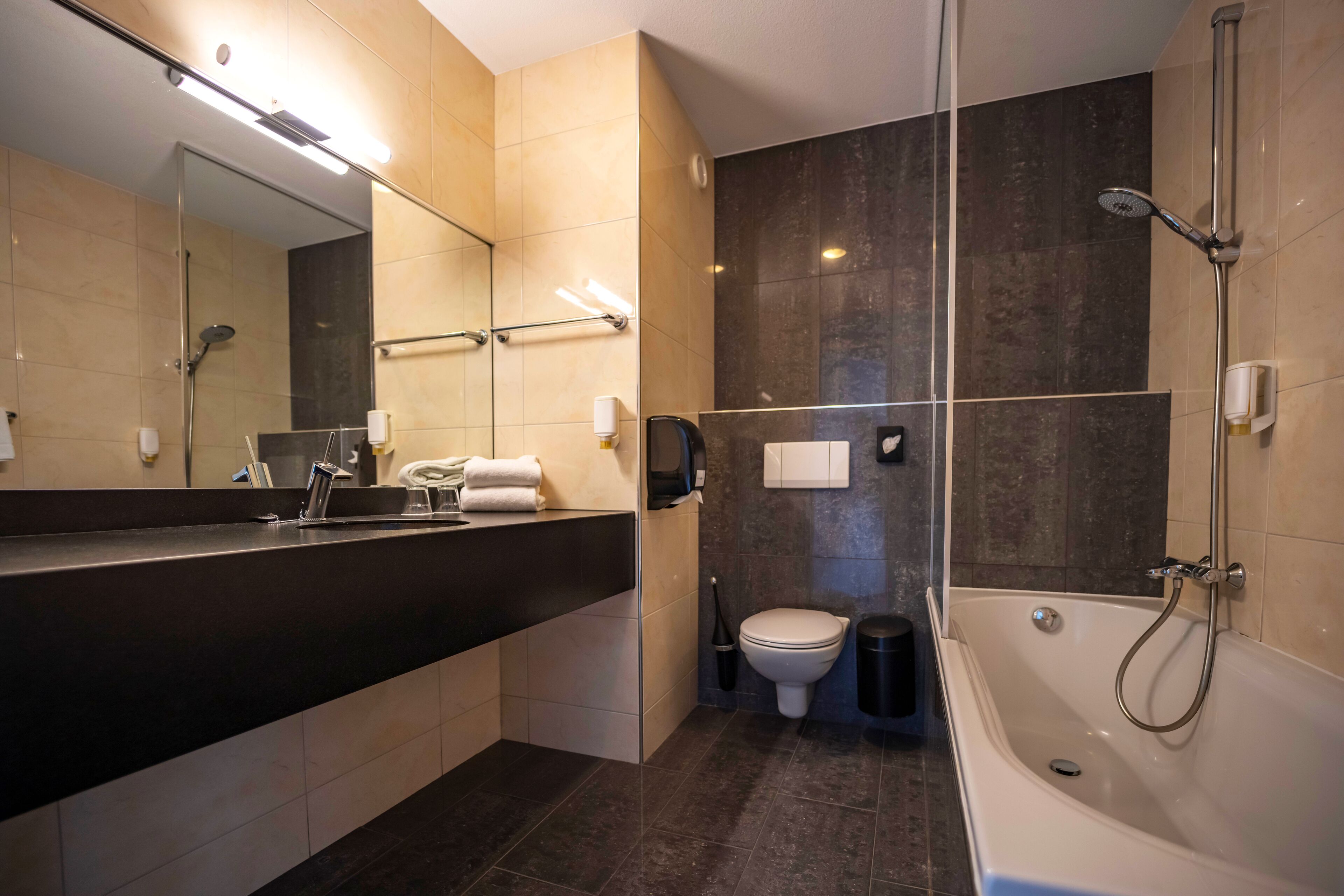 Un bany modern amb un mirall gran, una banyera, un vàter i un lavabo.