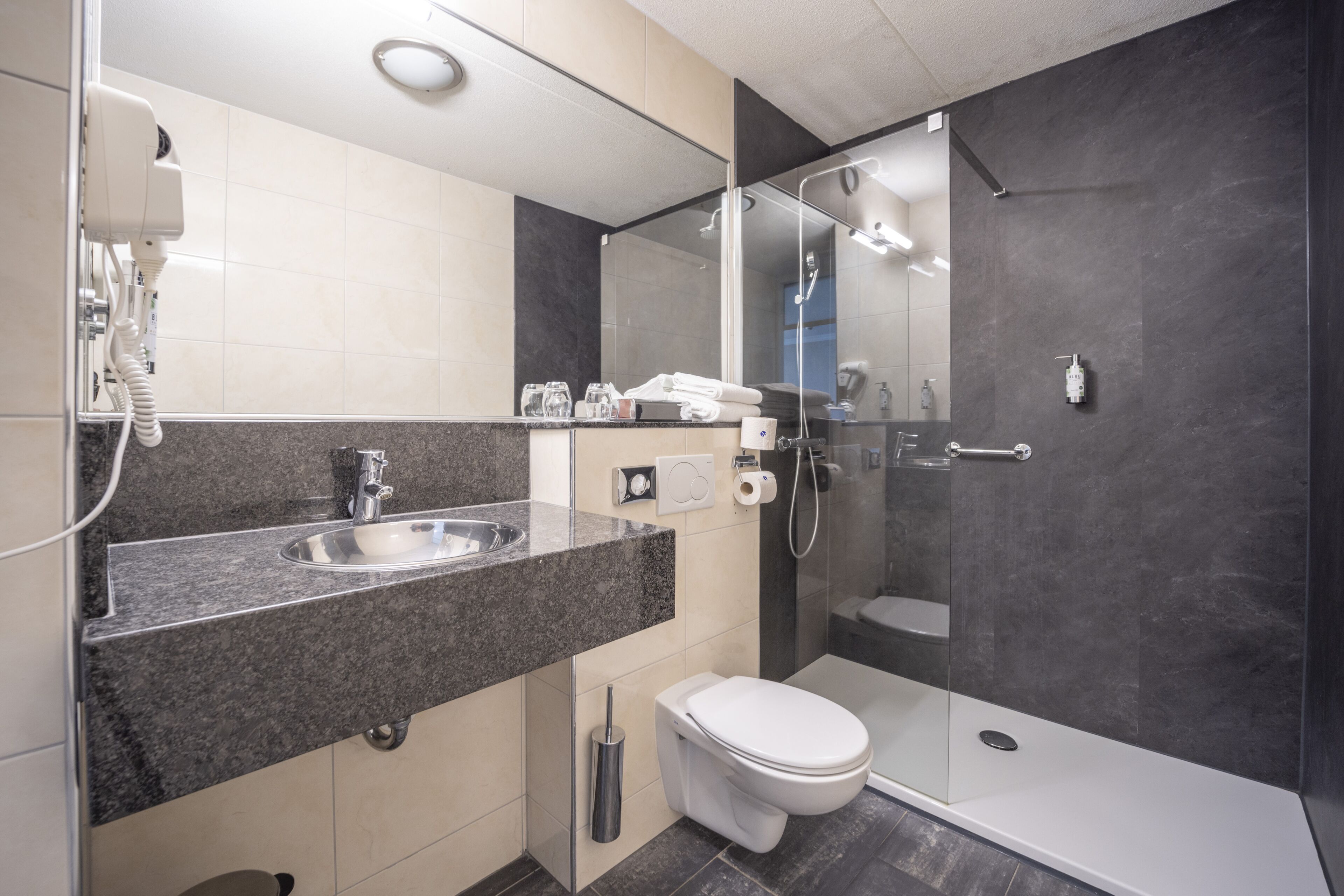 Milieuvriendelijke toiletartikelen, een haardroger, handdoeken