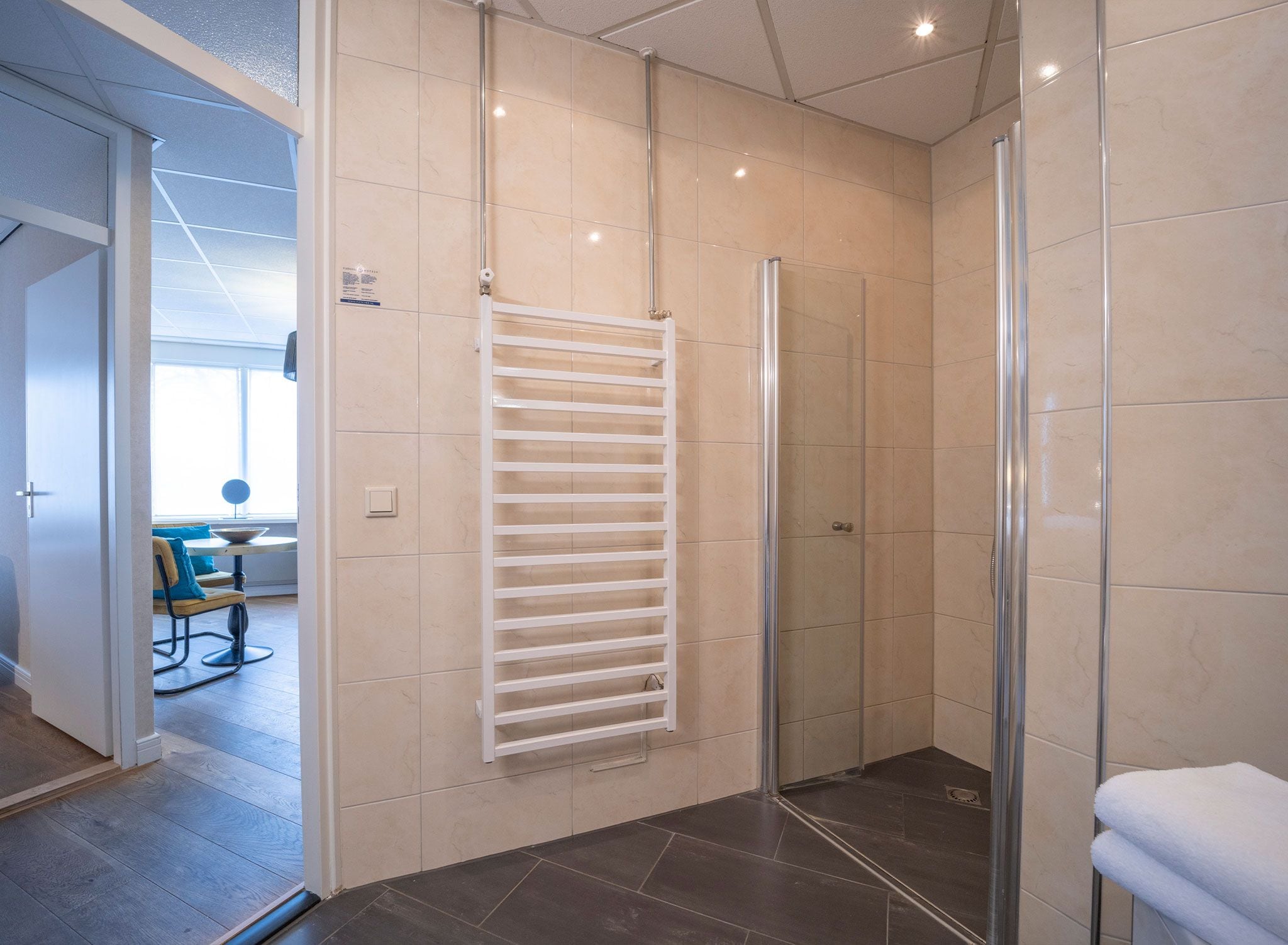 Een moderne badkamer met een douchecabine van glas, een witte handdoekhouder en een donkere betegelde vloer.