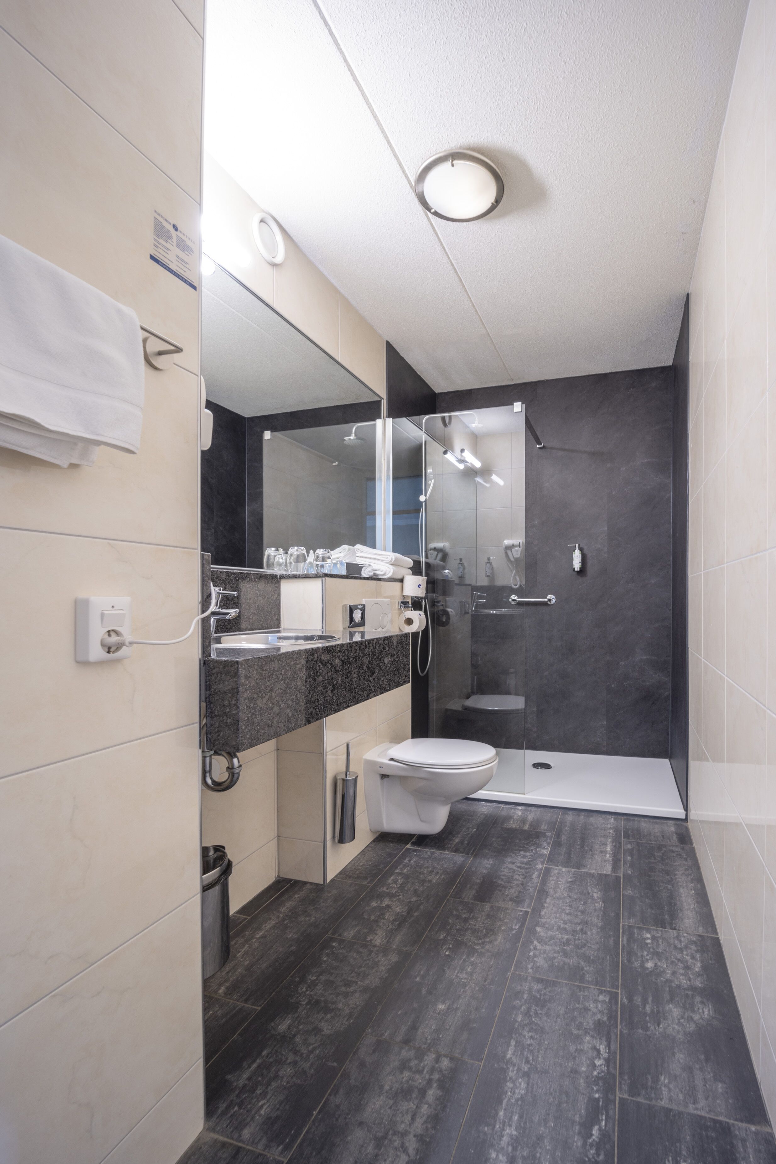 Un baño moderno con ducha, inodoro y lavamanos.