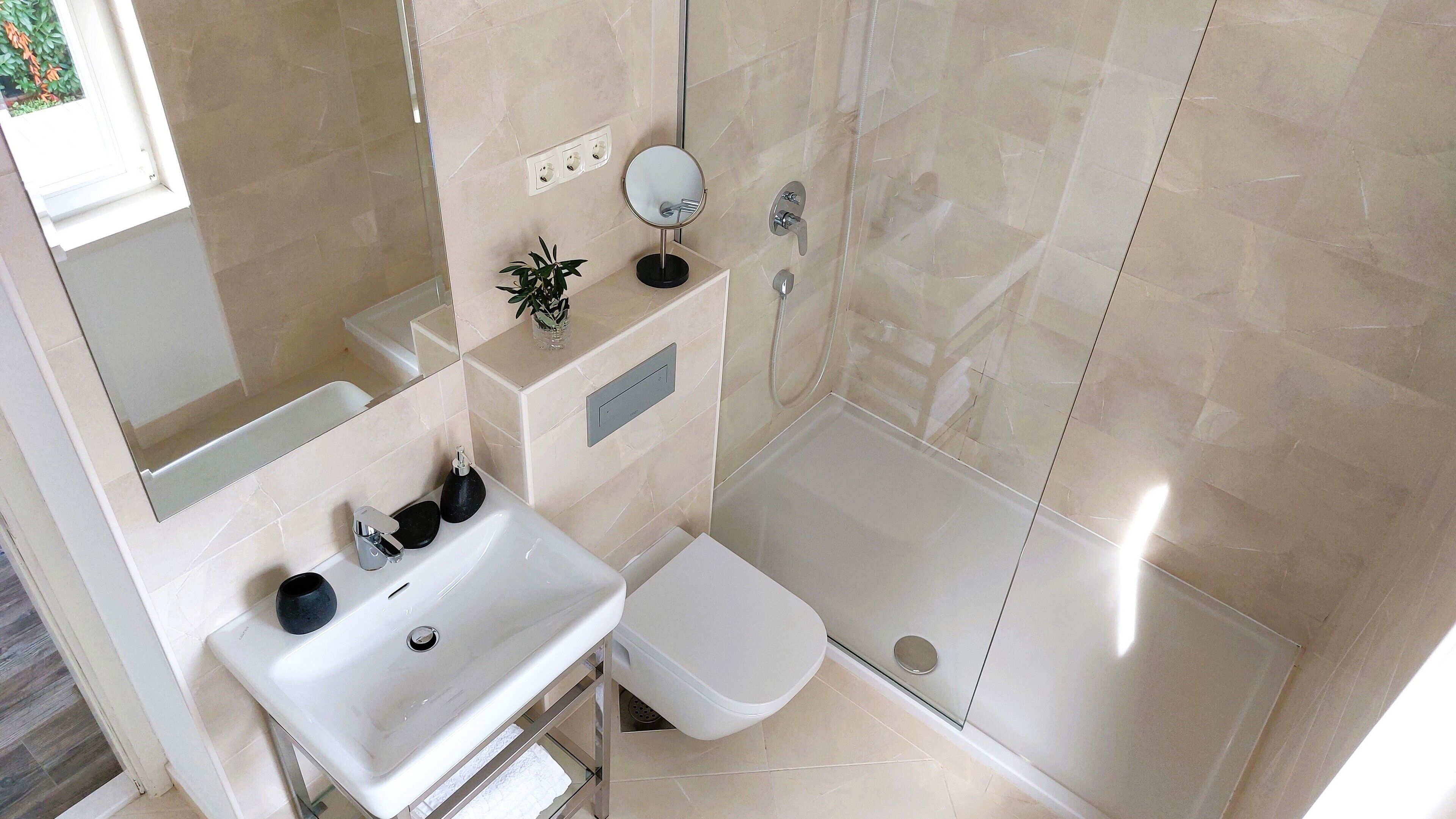 A modern bathroom with a sink, mirror, toilet, and shower.