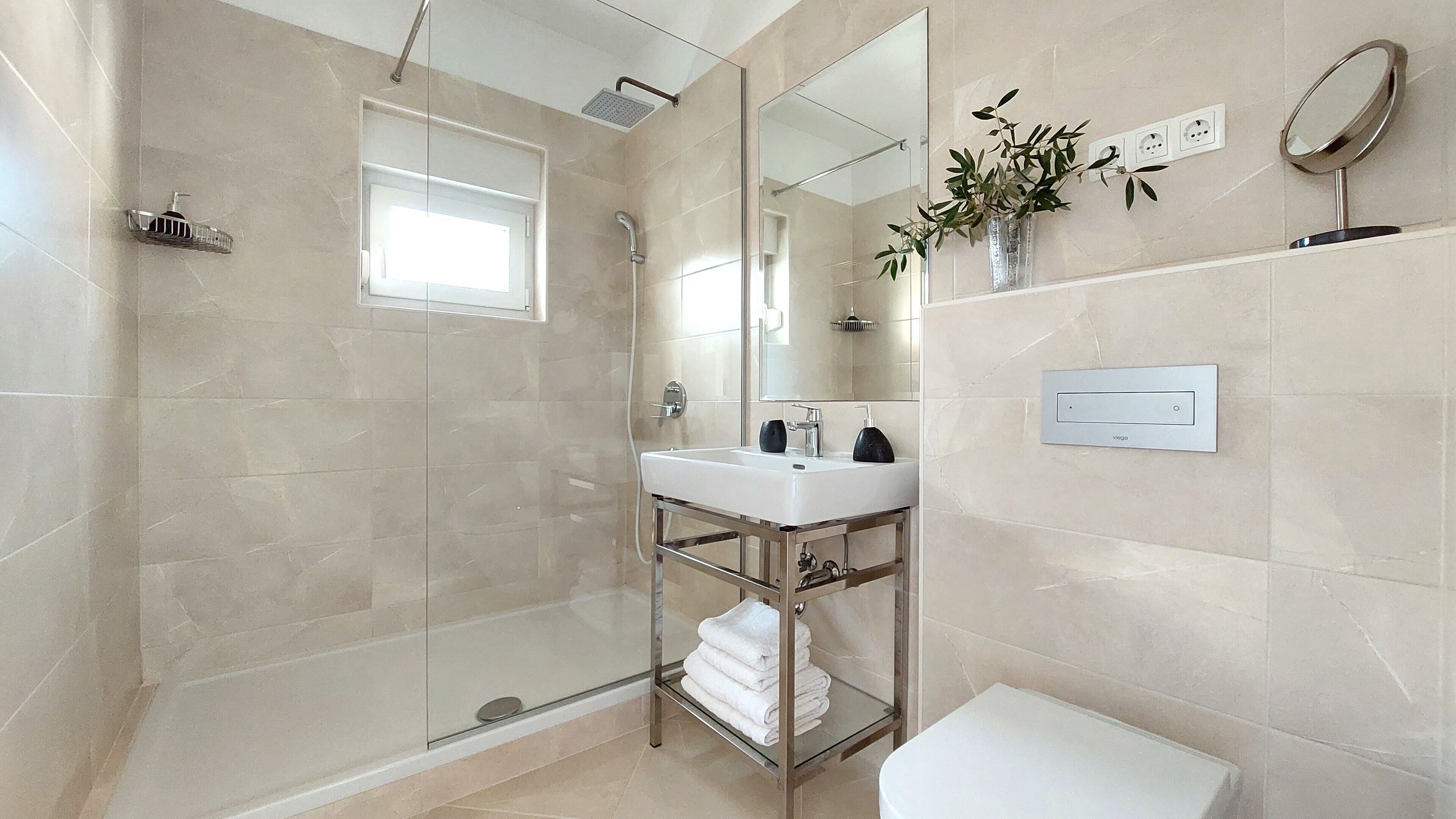 A modern bathroom with a glass-enclosed shower, a white sink with a mirror above it, and a small potted plant on the wall.