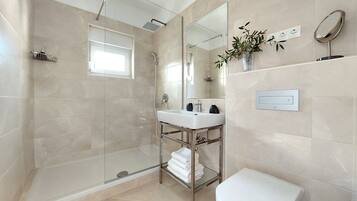 Un baño moderno con ducha envuelta en vidrio, un lavabo blanco con espejo arriba y una pequeña planta en maceta en la pared.