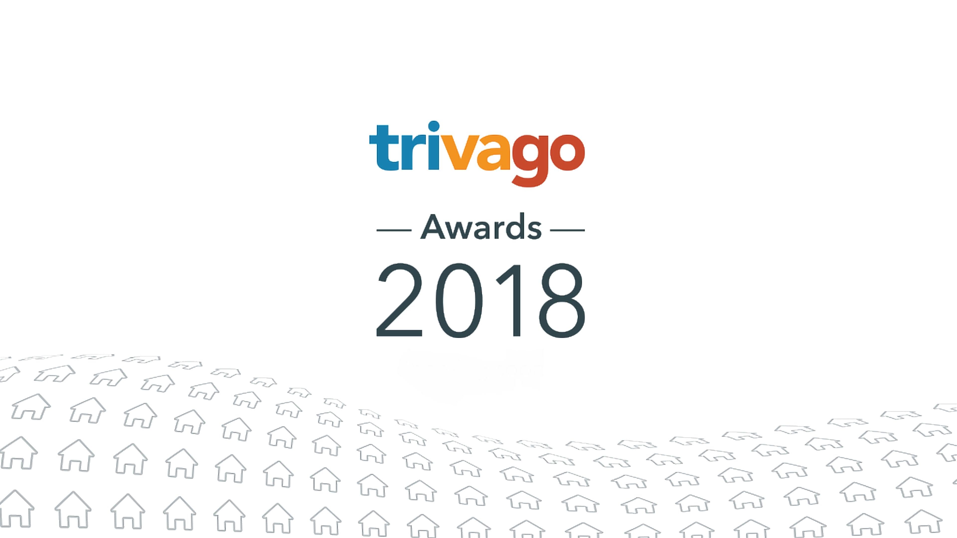 The Trivago Awards 2018 logo with a white background and a pattern of house icons at the bottom.