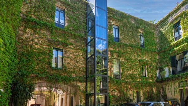 A courtyard with a building covered in ivy, a glass elevator shaft, and several parked cars. - Palazzo Rollo (Lecce)