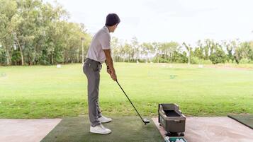 Golfers can tee off from the lush green mat, surrounded by trees and a serene landscape.