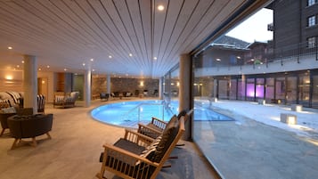 Indoor pool, outdoor pool, pool loungers