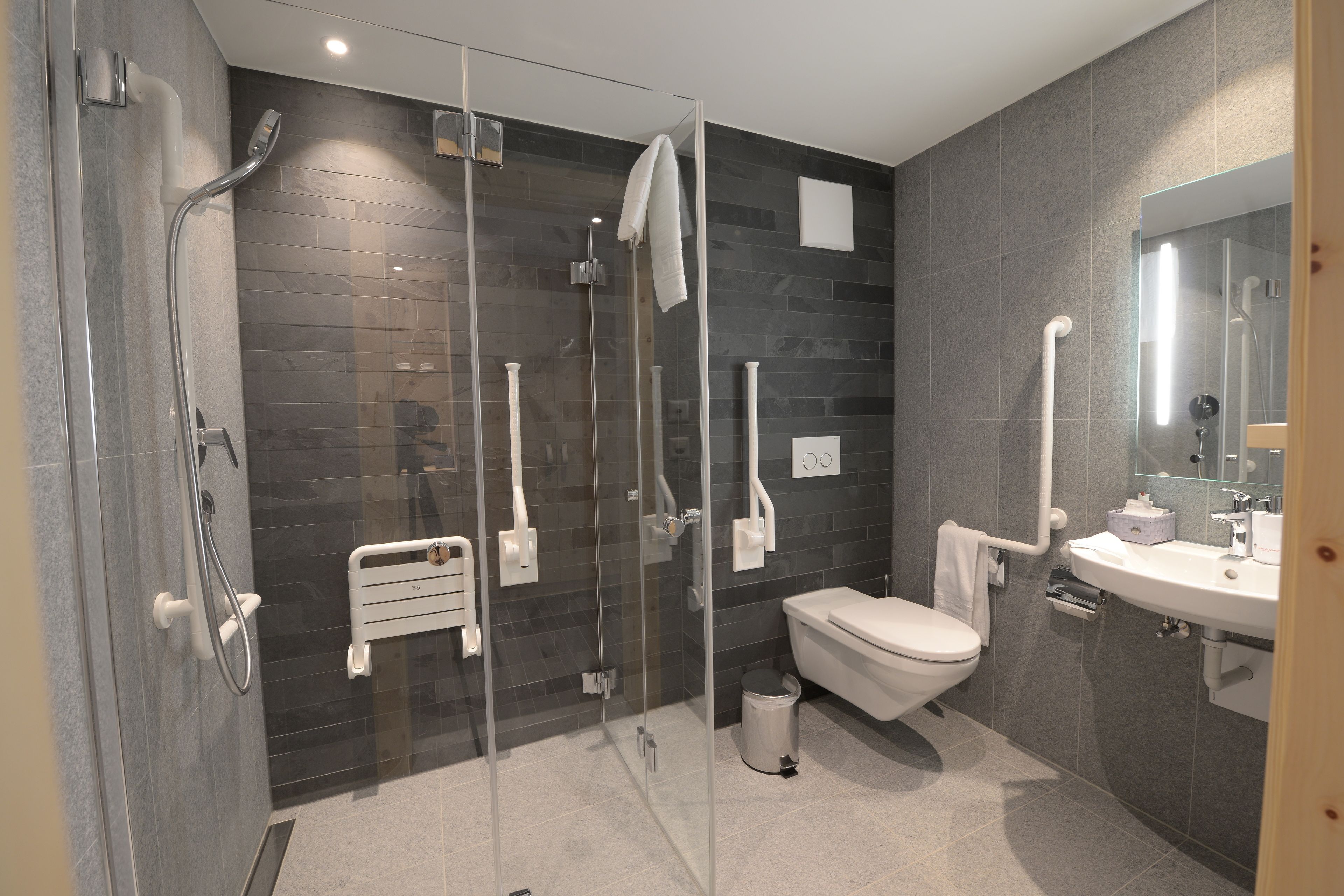 A modern bathroom with a glass-enclosed shower, a white toilet, and a sink with a mirror.