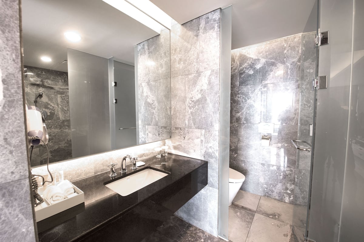 shower, rainfall showerhead, designer toiletries, hair dryer