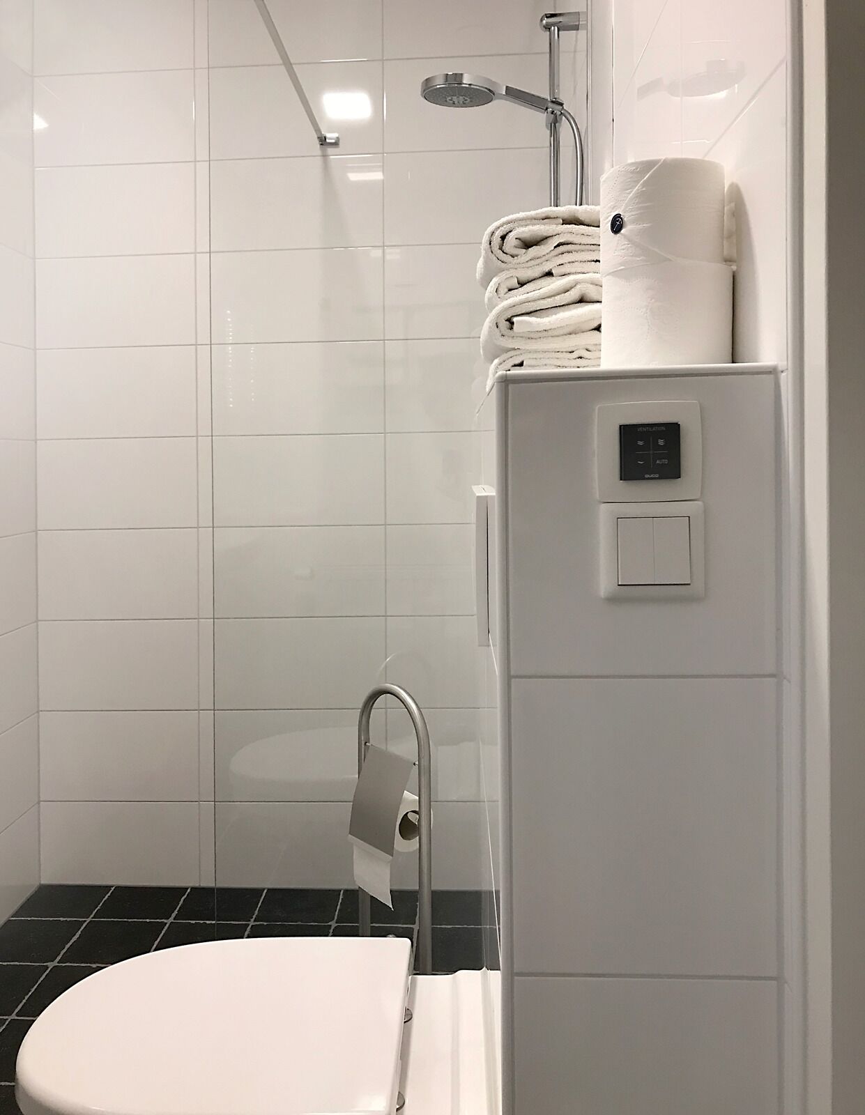 Een moderne badkamer met een wit toilet, een douche met een handdouche en een handdoekdispenser.