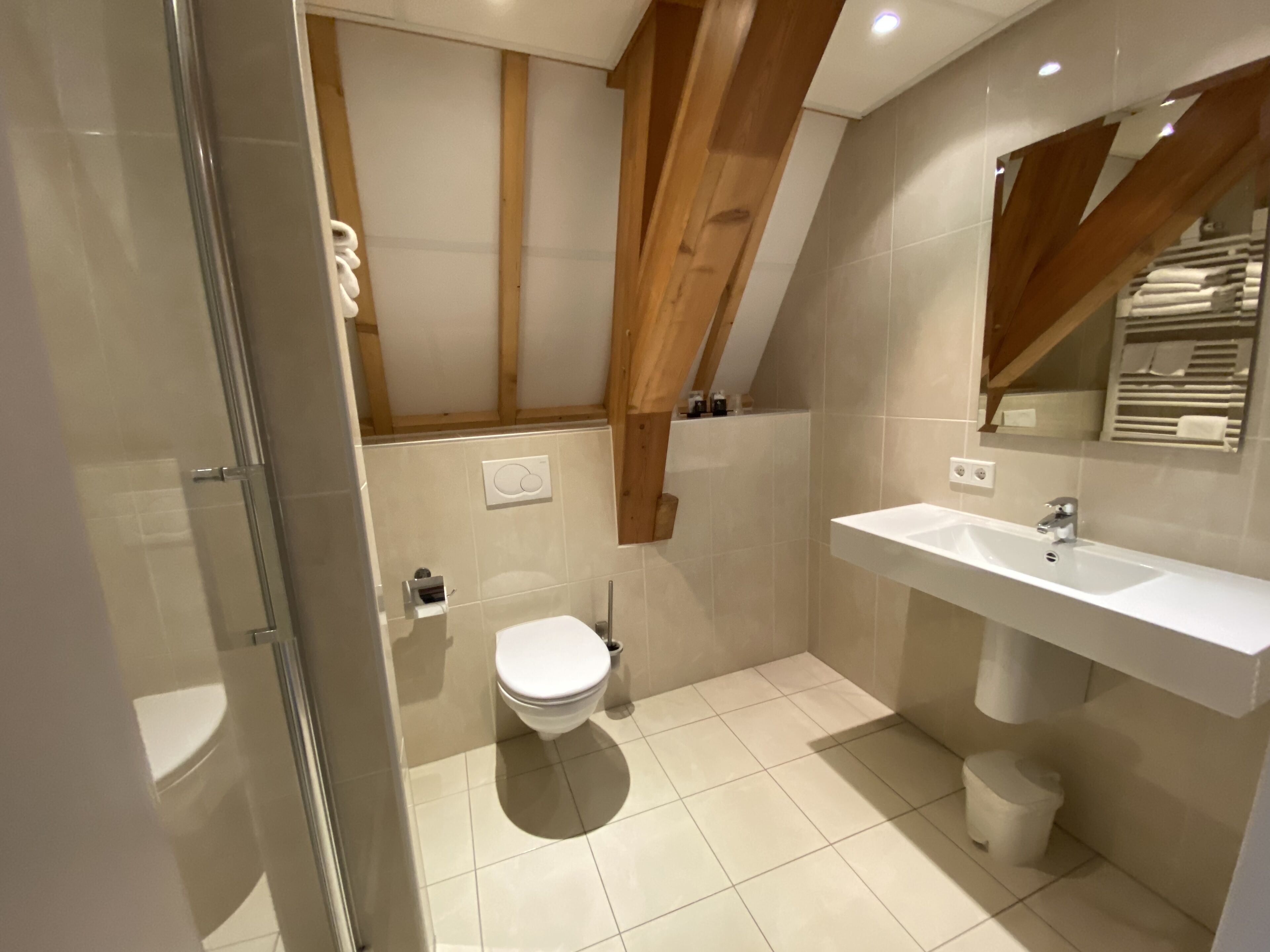 Une salle de bain moderne équipée d’une douche, de toilettes et d’un lavabo.