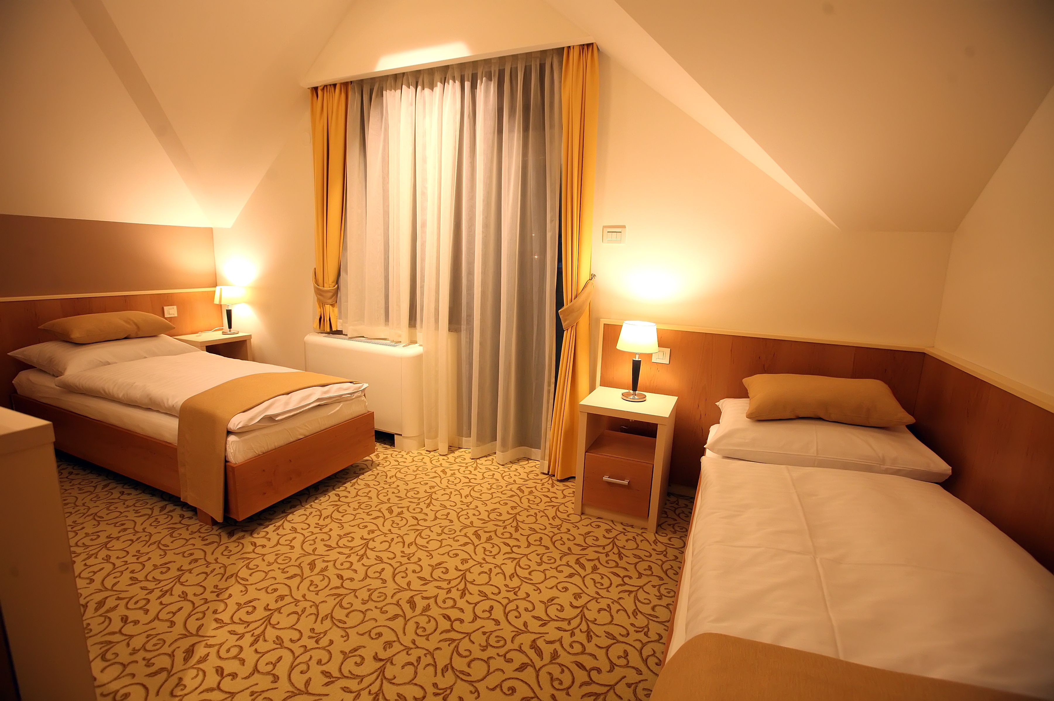 A hotel room with two beds, a window with curtains, a bedside table with a lamp, and a patterned carpet.