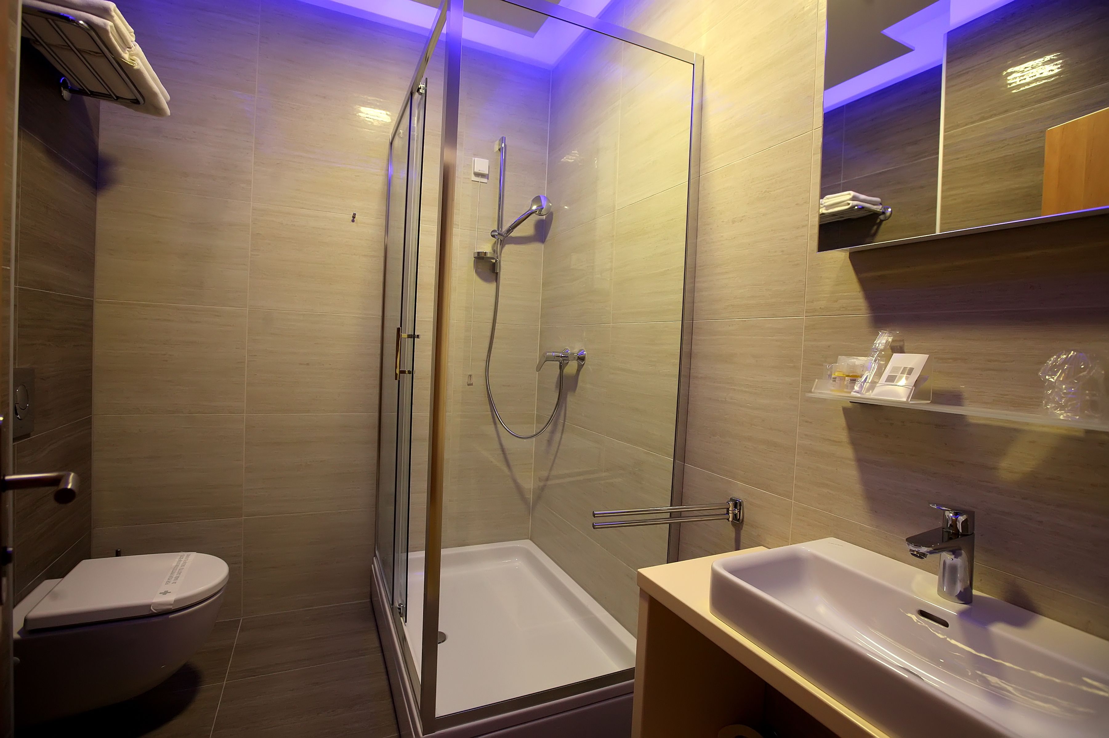 A modern bathroom with a glass-enclosed shower, a white toilet, and a sink with a mirror above it.