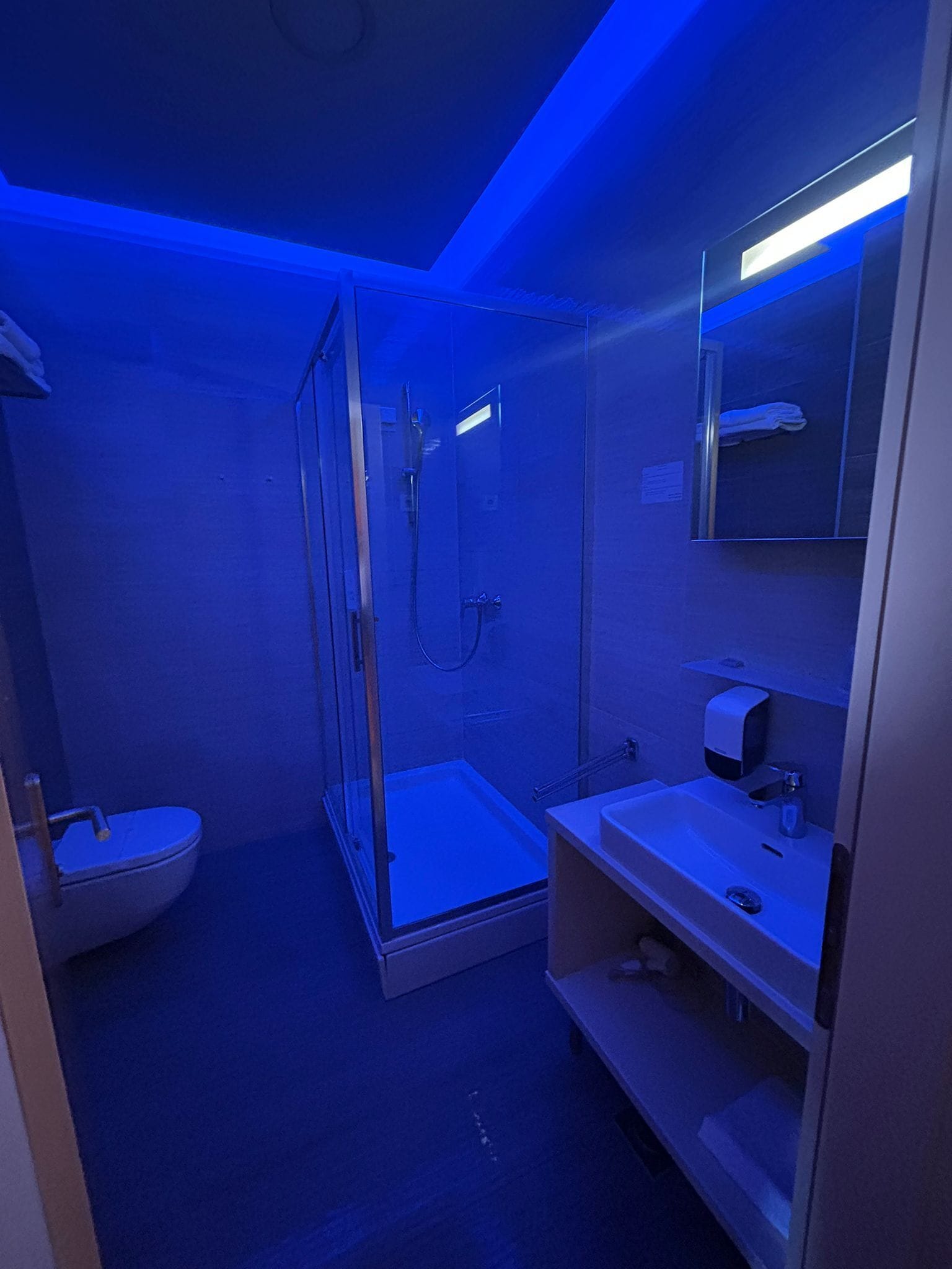A modern bathroom with a glass-enclosed shower, a white sink, and a mirror.