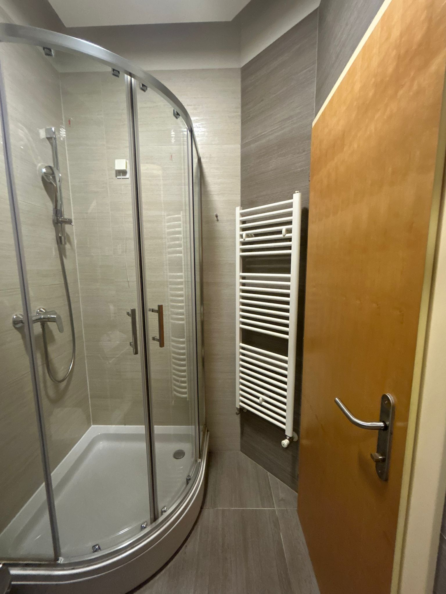 A shower enclosure with a glass door, a white towel rack, and a wooden door.