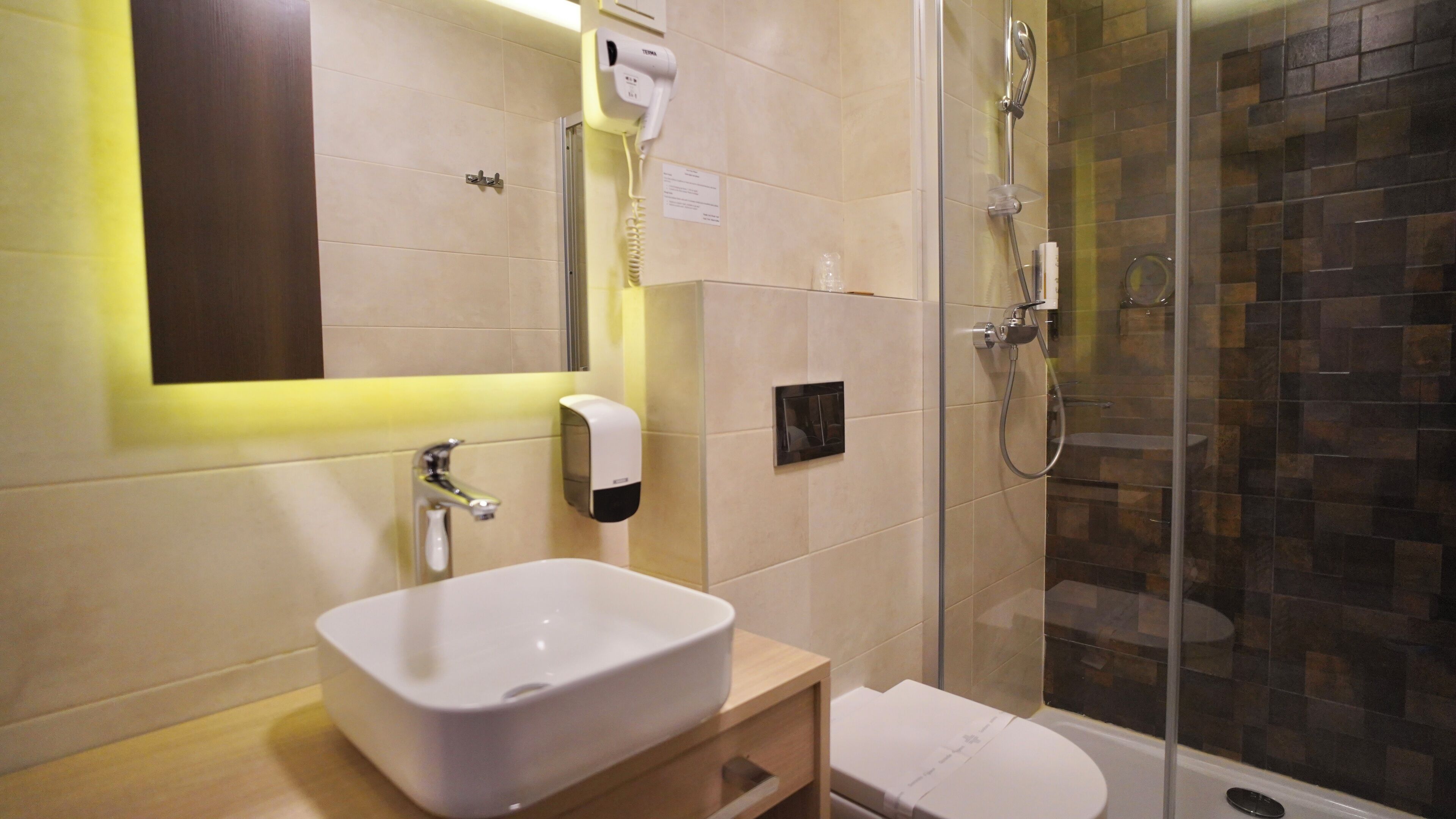 A bathroom with a white sink, a mirror, a handheld hair dryer, a glass-enclosed shower, and a toilet.