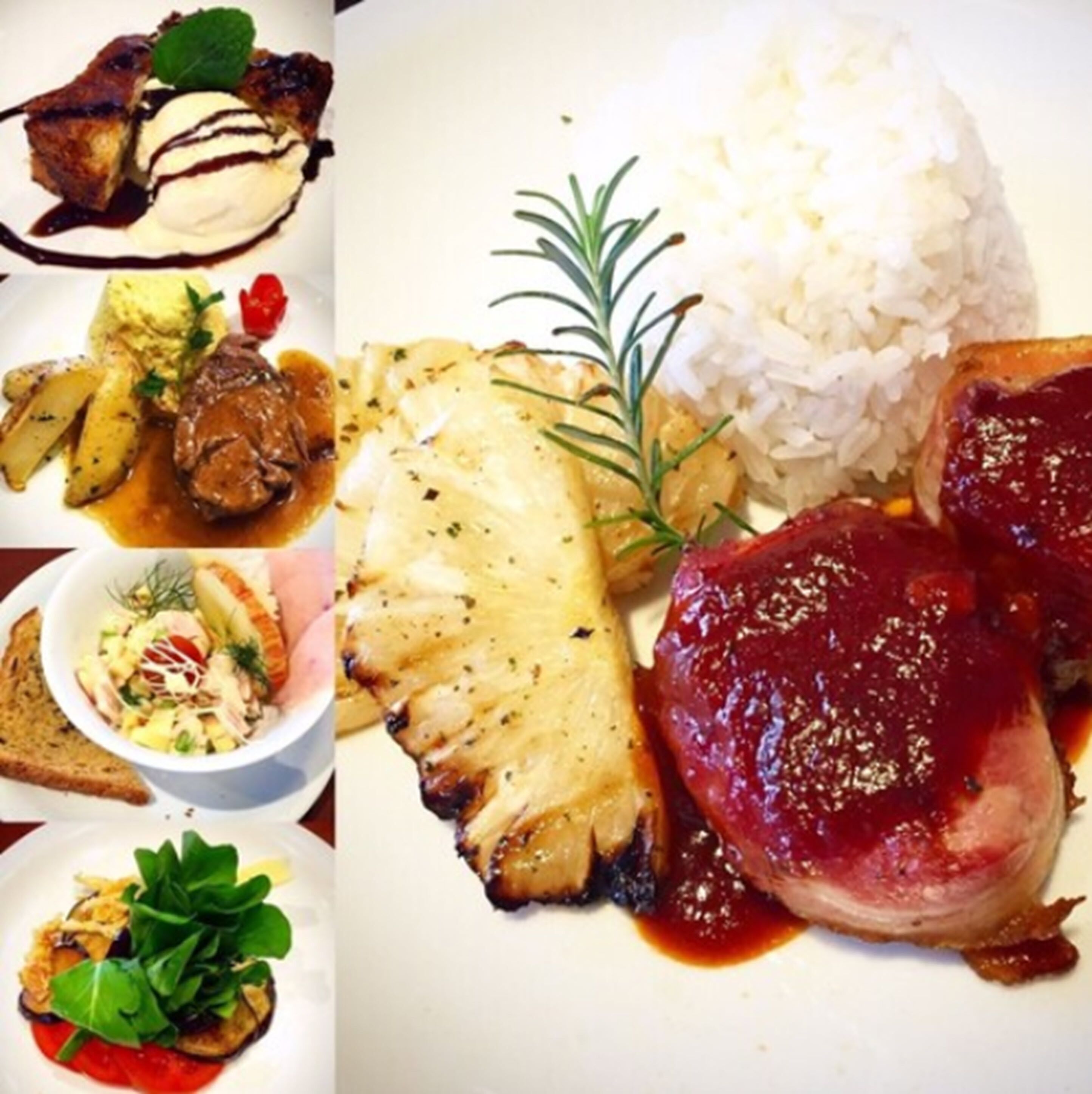 A variety of dishes including grilled meat, rice, and vegetables.