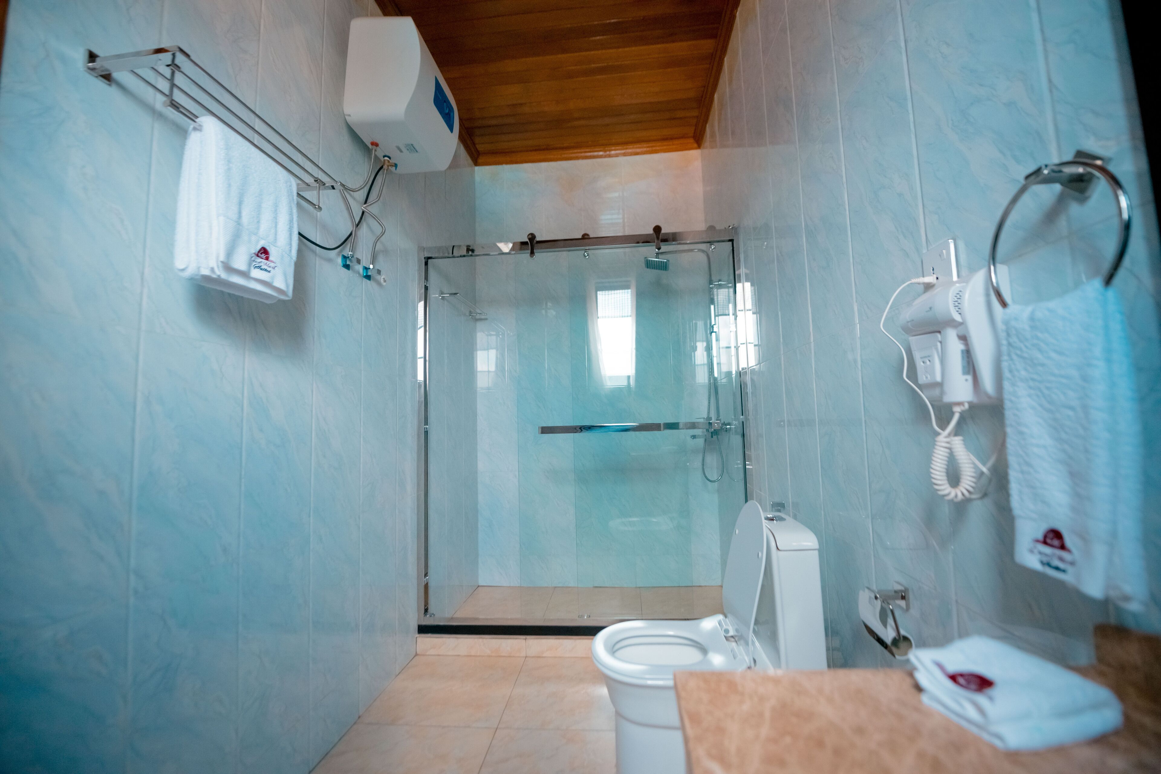 A modern bathroom with a glass-enclosed shower, a toilet, and a towel rack.