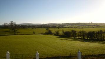 A rural landscape with rolling hills and a fenced field.