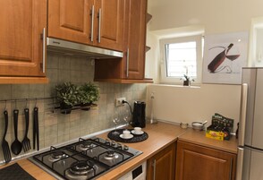 Espresso maker, fridge, microwave, stovetop
