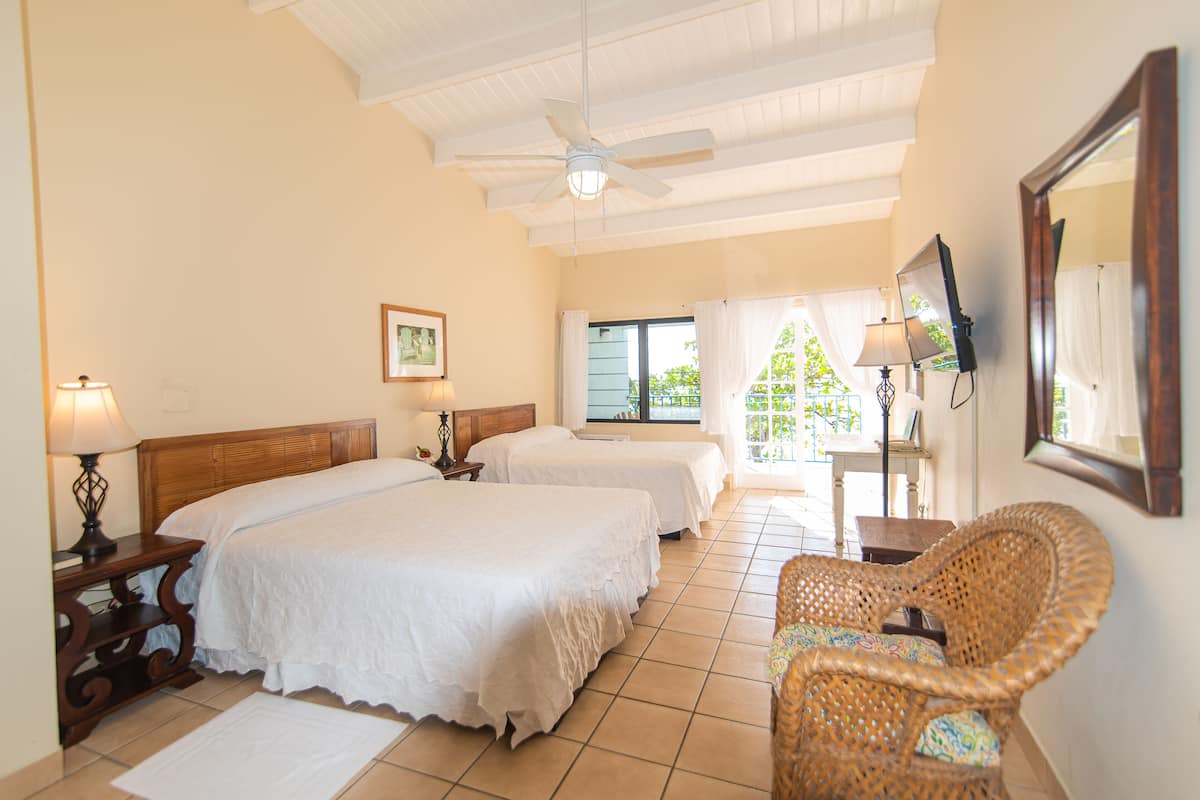 A hotel room with two beds, a ceiling fan, a wicker chair, and a view of the outdoors.