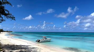 On the beach, white sand, snorkelling
