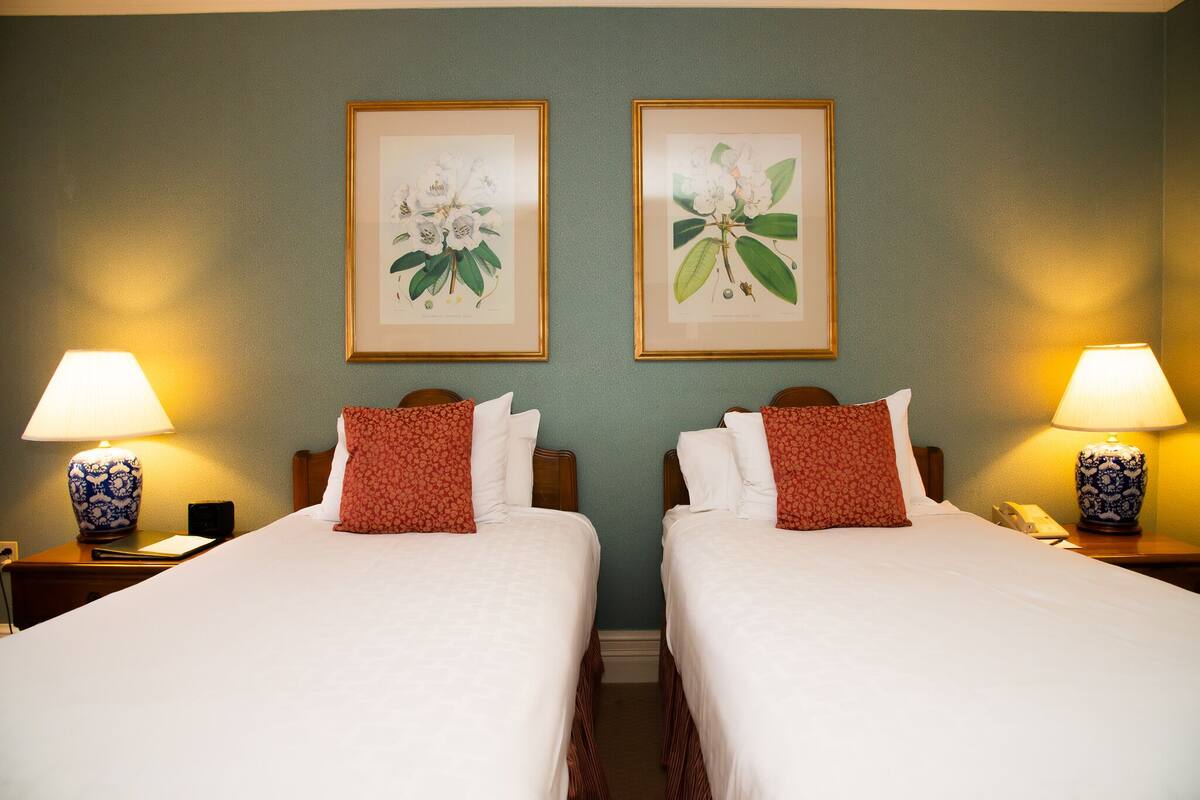 A hotel room with two beds, each with a pillow and a bedside table with a lamp. There are framed botanical prints on the wall above the beds.