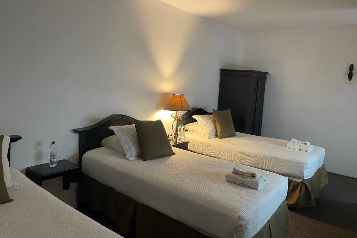 Een hotelkamer met twee bedden, een nachtkastje met een lamp, een waterfles en een opgevouwen handdoek op het rechterbed.