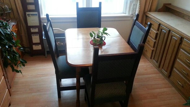 A dining area with a wooden table and four chairs, a small potted plant on the table, and wooden cabinets to the right.