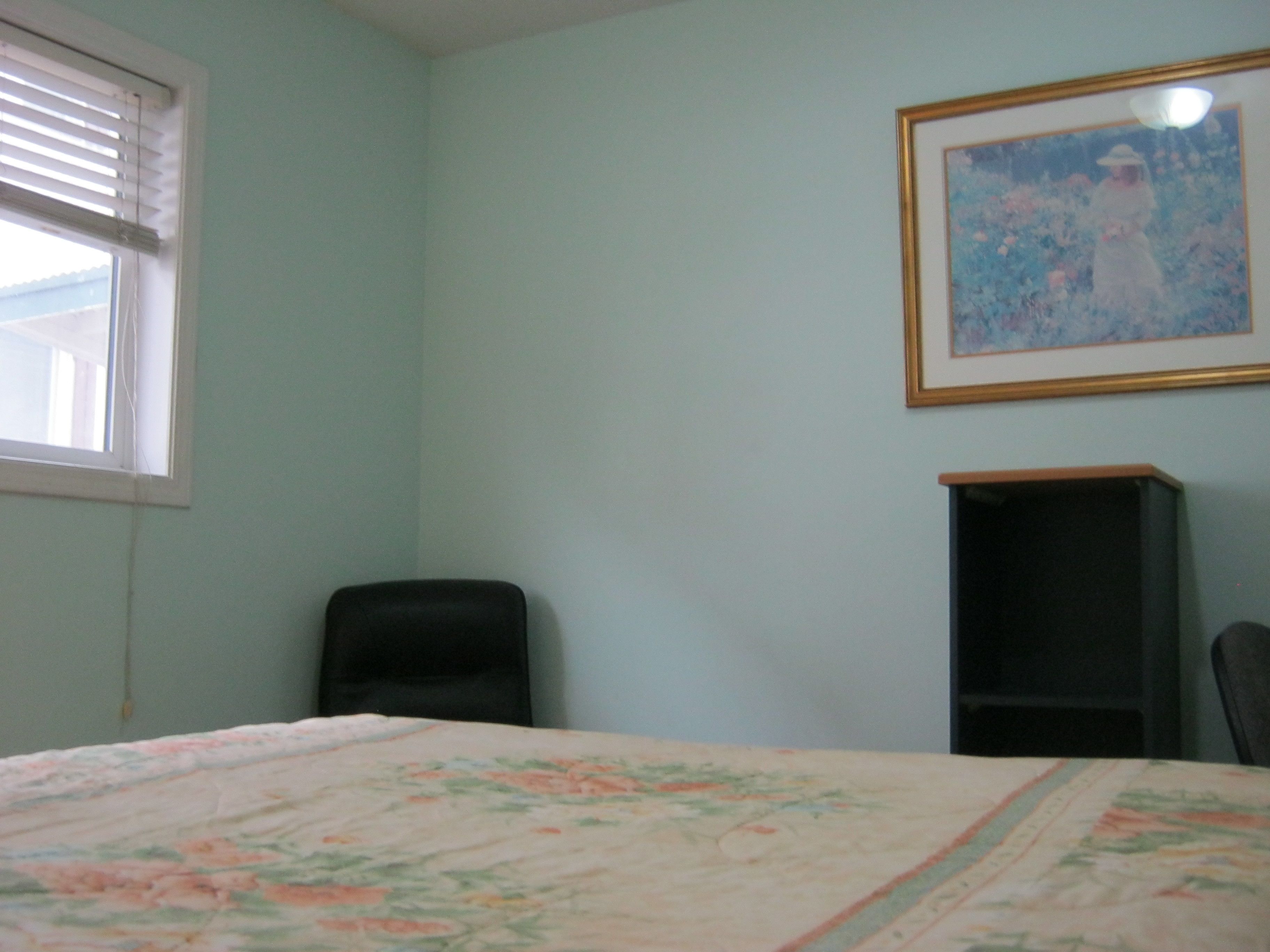 A room with a bed, a chair, a shelf, and a painting on the wall.