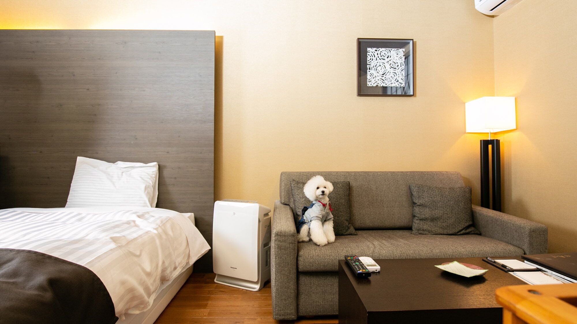 Een hotelkamer met een bed, een slaapbank, een lamp en een bijzettafeltje.