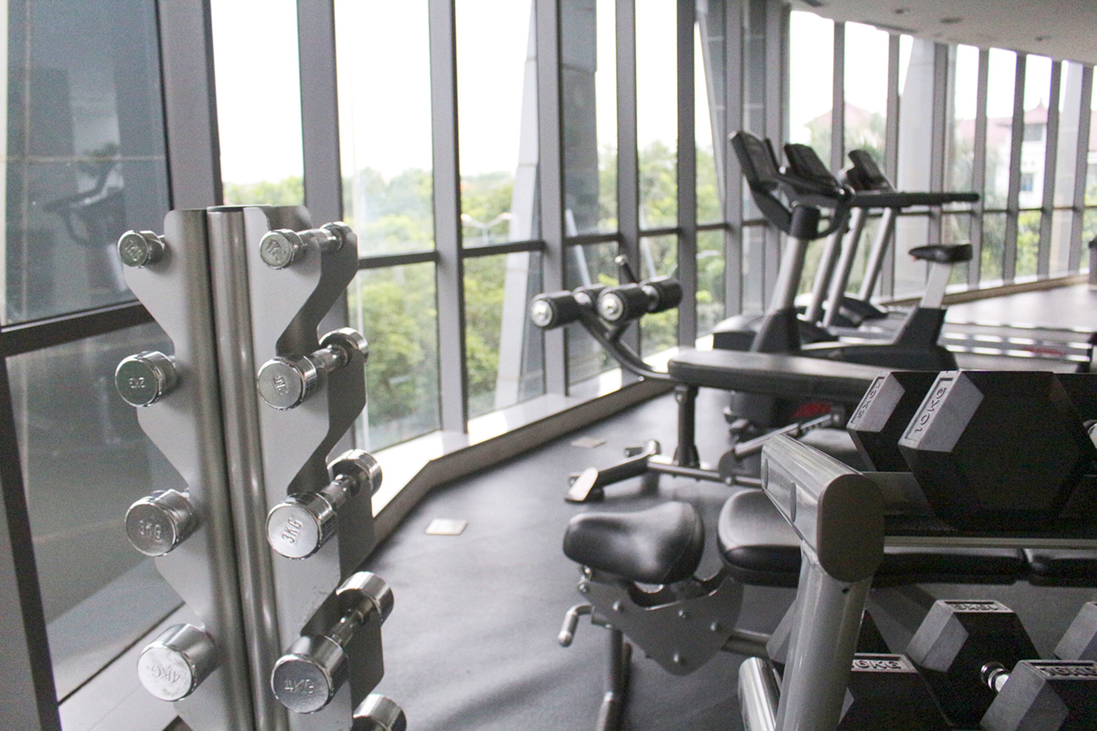 A gym with exercise equipment, large windows, and a view of greenery outside.