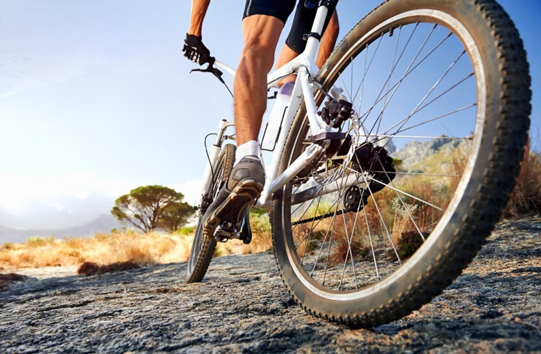 Primer plano de la rueda de una bicicleta y parte de la pierna del ciclista.