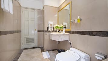 A modern bathroom with a toilet, sink, and mirror.
