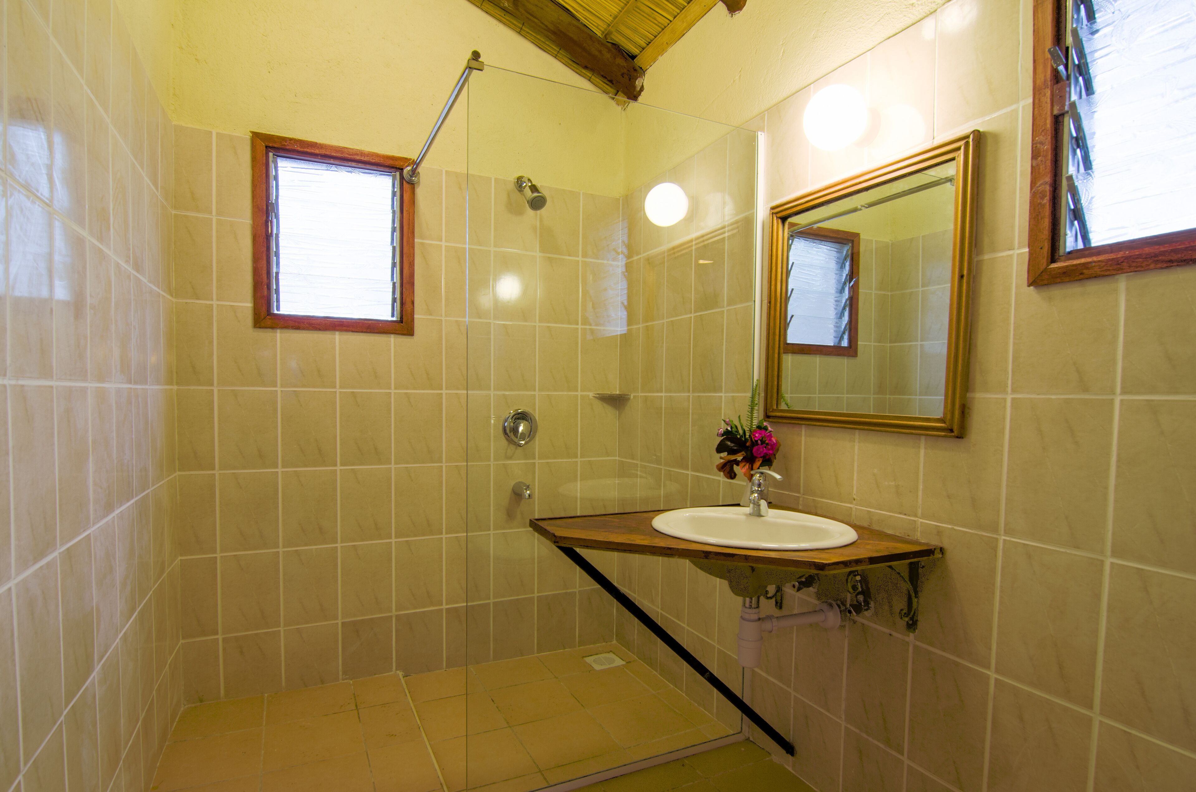 A bathroom with a shower, a sink, and a mirror.