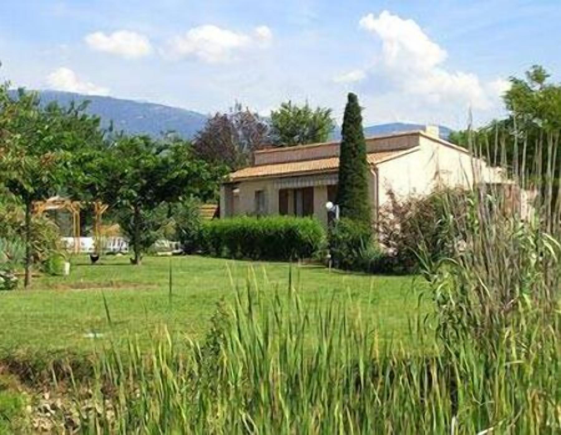 Ein Haus mit Garten, Schaukel und einem hohen Baum.
