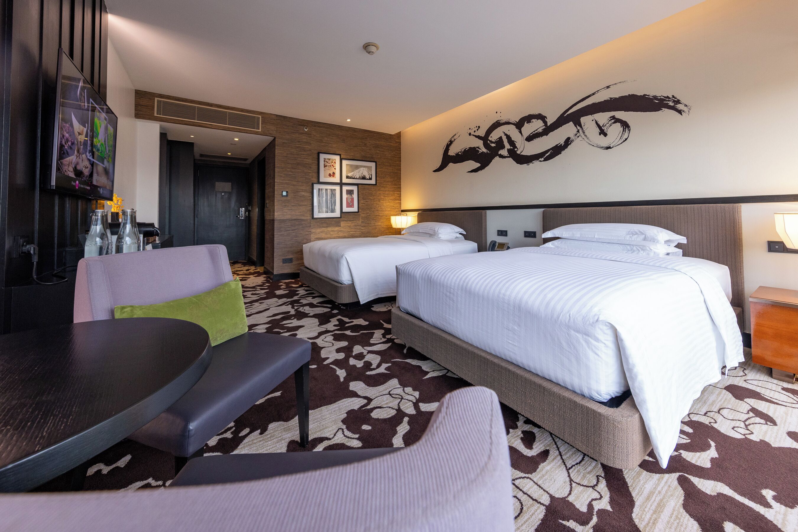 Nobu Deluxe Double Queen, City View | Premium bedding, minibar, in-room safe, desk